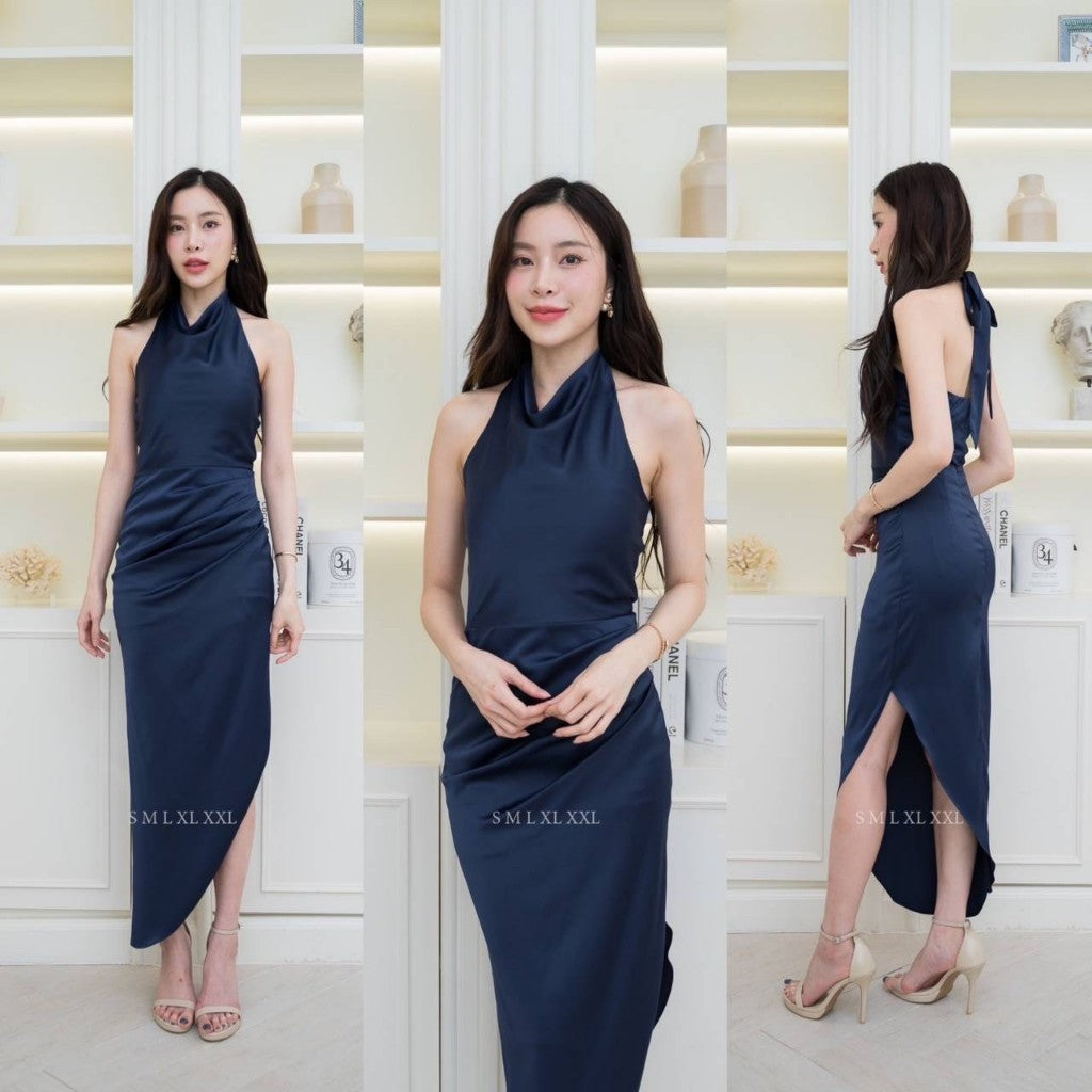 ชุดราตรี ชุดออกงาน เดรสยาว NX287 ชุดไปงานแต่ง เครปซาติน ผูกคอหลัง งานแต่งงาน Woman Dress Dresses