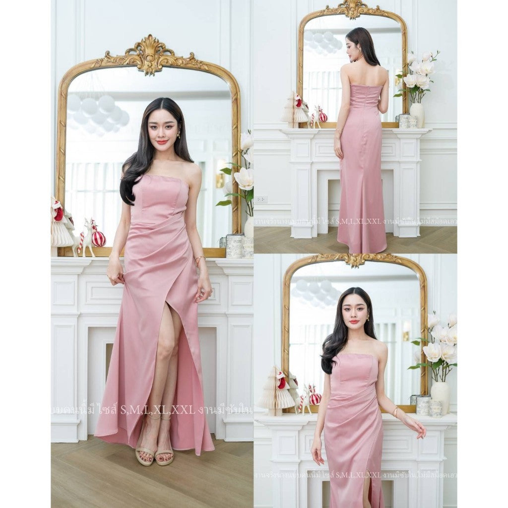 ชุดราตรี เดรสยาว เปิดไหล่ NP028 ผ้าเครปซาติน ขายดี ไซส์ S M L XL 2XL ชุดเดรสออกงาน ชุดเดรส สวยๆ งานแต่งงาน Dress Woman
