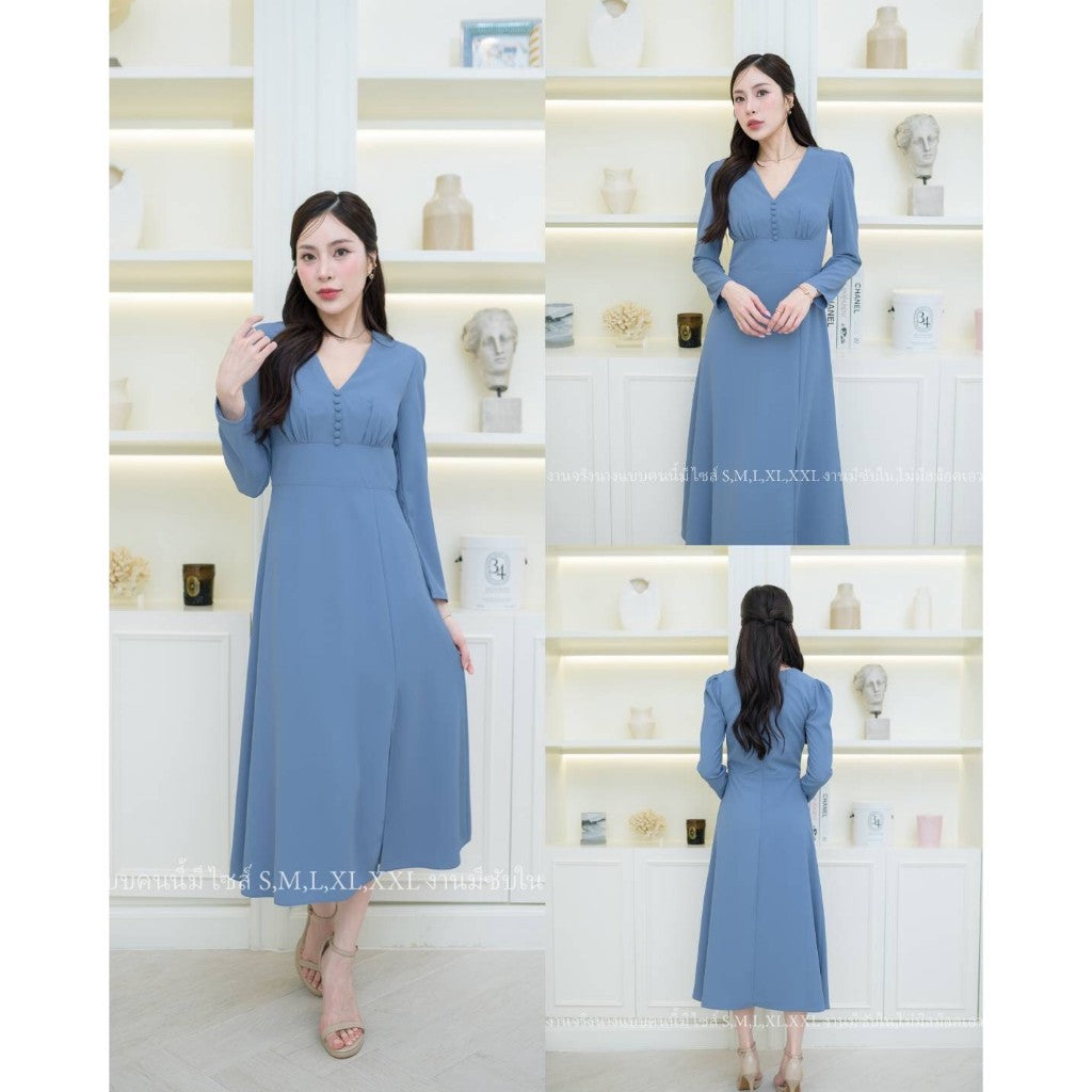 ชุดไปงานแต่ง NP029 ชุดเดรสแขนยาว ผ้าทวิลคอวี ไซส์ S M L XL 2XL ชุดเดรสไปงานแต่ง เดรสยาว งานแต่งงาน Dress Woman