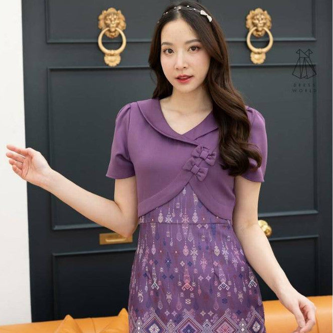 ชุดเดรสน่ารักๆ ชุดเดรส กระโปรงสั้น สีเหลือง ม่วง ชมพู ฟ้า เดรสสั้น เดรสลายไทย ชุดเดรสสวยๆ ไซส์ S M L XL 2XL Woman Dress