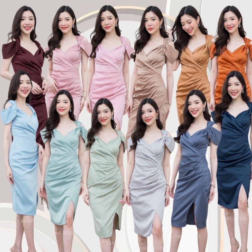 เดรสสั้น ชุดออกงาน ชุดราตรี เดรส VELINA ซาติน พรีเมี่ยม แขนผูก พรางท้อง ชุดขายดี Lady Woman Dress