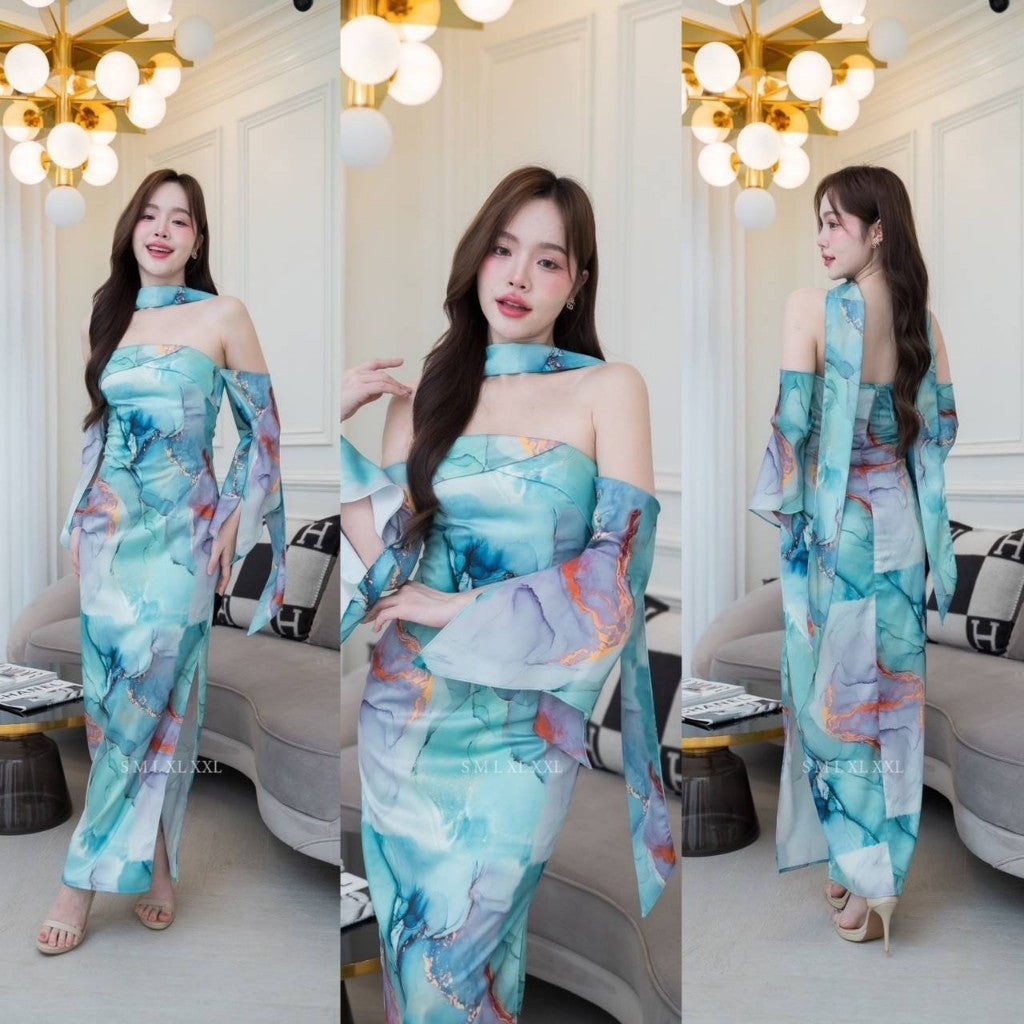 ชุดราตรี ชุดออกงาน NX279 เดรสยาว ผ้าเครปซาติน พิมพ์ลาย เกาะอกยาว แขนย้อย งานแต่งงาน Woman Dress Dresses