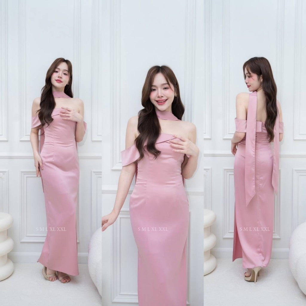 ชุดไปงานแต่ง ชุดราตรี ชุดออกงาน NX280 ผ้าเครปซาติน เกาะอกยาว สายอ้อมแขน แถมสายพาดคอ งานแต่งงาน Woman Dress Dresses