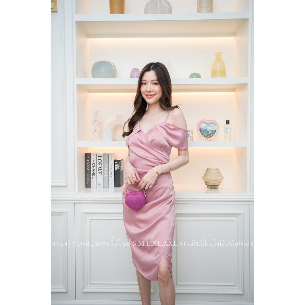เดรสสั้น ชุดออกงาน ชุดราตรี สั้น NP010 ชุดเดรส สายเดี่ยว เดรส คล้องแขน ผ้าเครปซาติน Dress Woman
