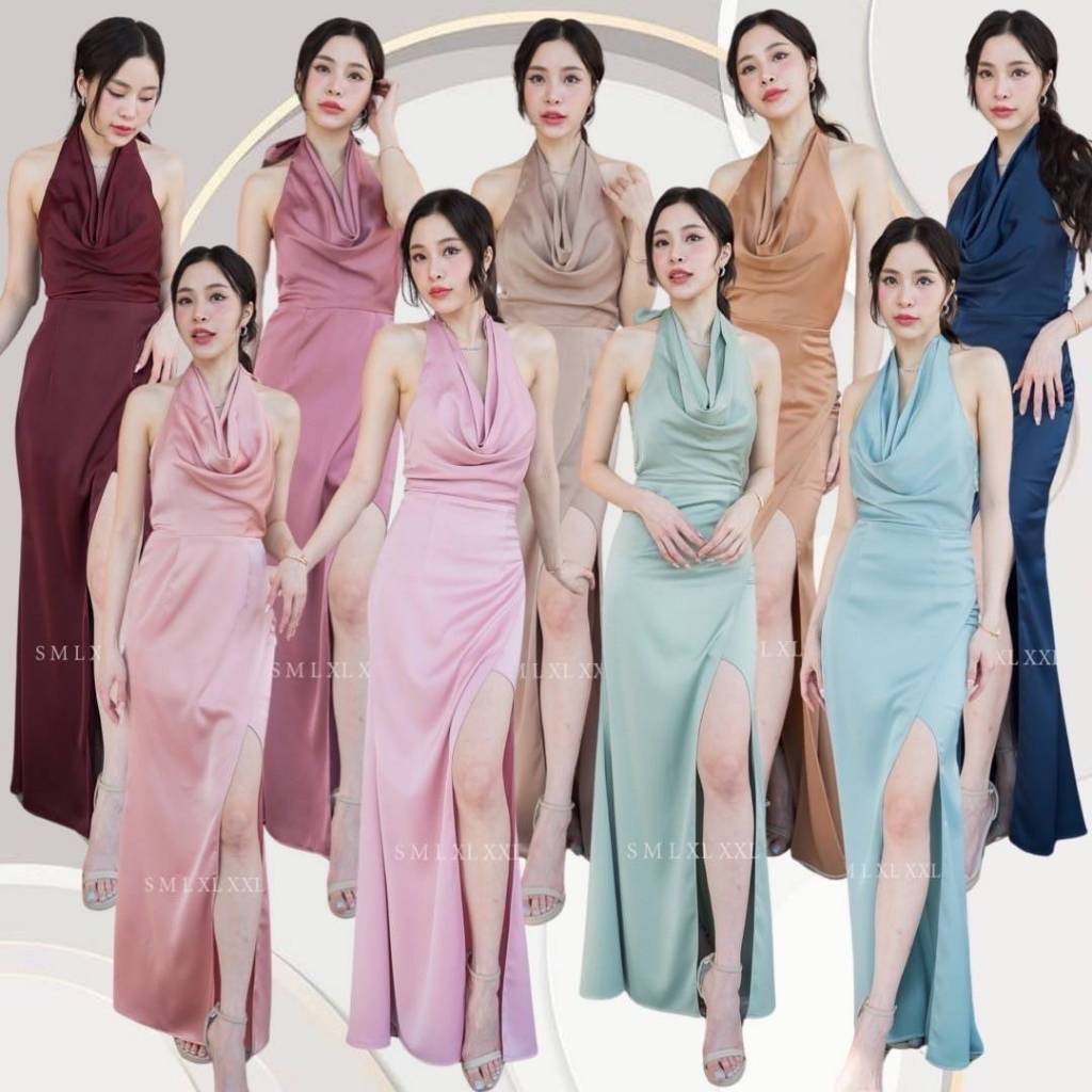 ชุดไปงานแต่ง ชุดราตรี ชุดออกงาน ชุดเดรสออกงาน N272 ชุดไปงานแต่งงาน เดรสยาว ผูกคอคอถ่วง มีฟองน้ำ ชุดเดรส งานแต่งงาน Dress