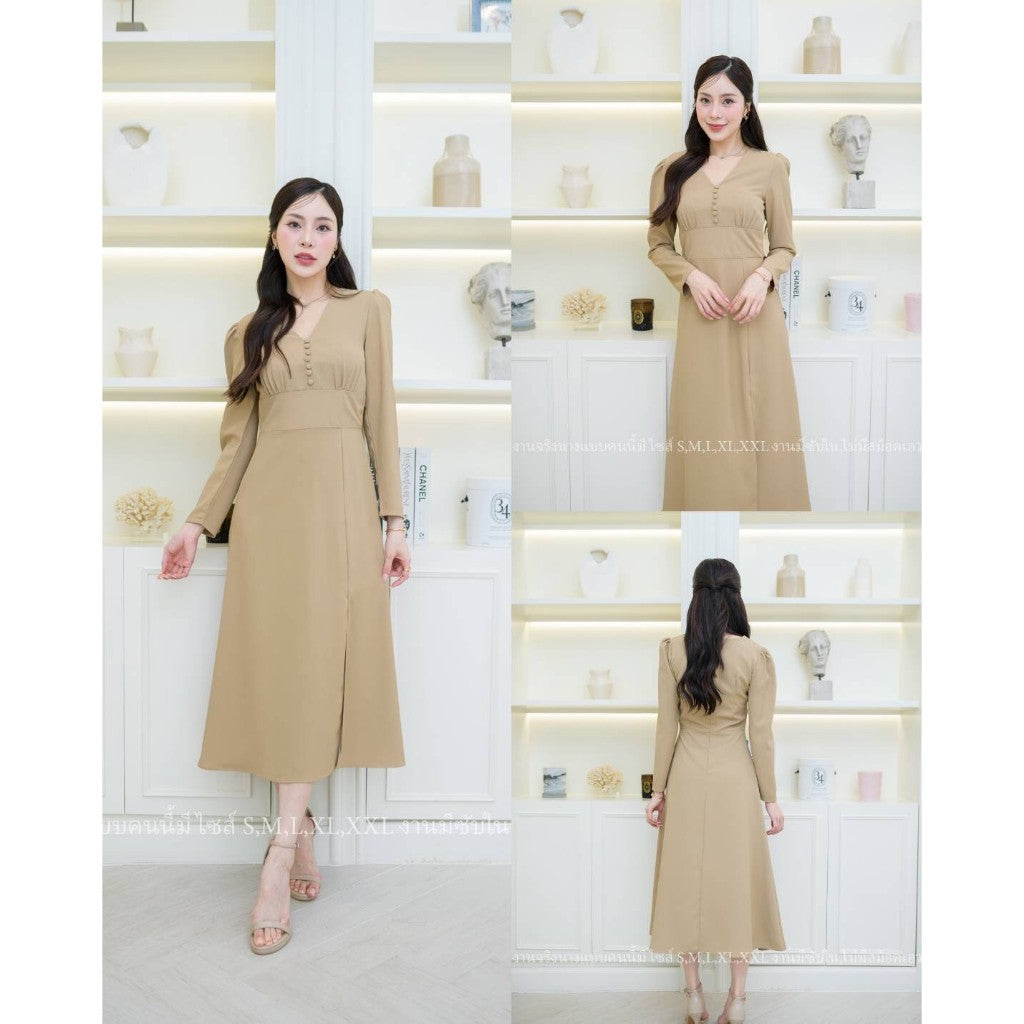 ชุดไปงานแต่ง NP029 ชุดเดรสแขนยาว ผ้าทวิลคอวี ไซส์ S M L XL 2XL ชุดเดรสไปงานแต่ง เดรสยาว งานแต่งงาน Dress Woman