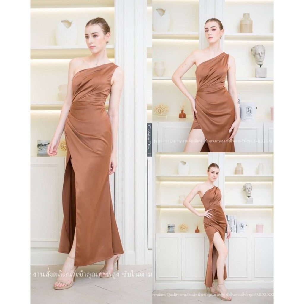 ชุดราตรี ชุดไปงานแต่ง เรียบหรู ดูแพง ผ้าเครปซาติน NP004 สวยหรู ไซส์ S-2XL ไหล่เฉียง พรางท้อง เดรสยาว Woman Lady Dress