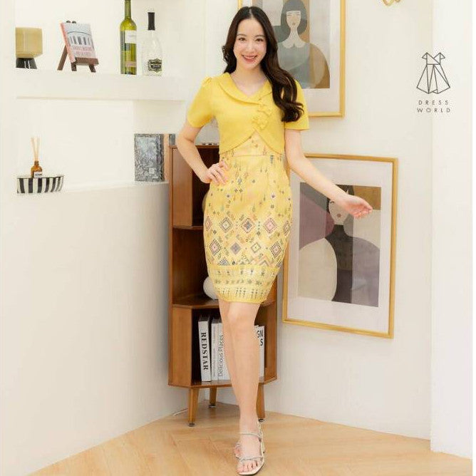 ชุดเดรสน่ารักๆ ชุดเดรส กระโปรงสั้น สีเหลือง ม่วง ชมพู ฟ้า เดรสสั้น เดรสลายไทย ชุดเดรสสวยๆ ไซส์ S M L XL 2XL Woman Dress
