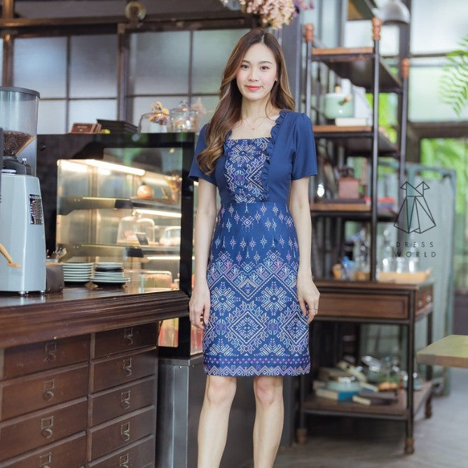 ชุดเดรส ผ้าไทย กระโปรงสั้น สีเหลือง กรมท่า ชมพู ฟ้า เดรสสั้น เดรสลายไทย ชุดเดรสสวยๆ ไซส์ S M L XL 2XL Woman Dress