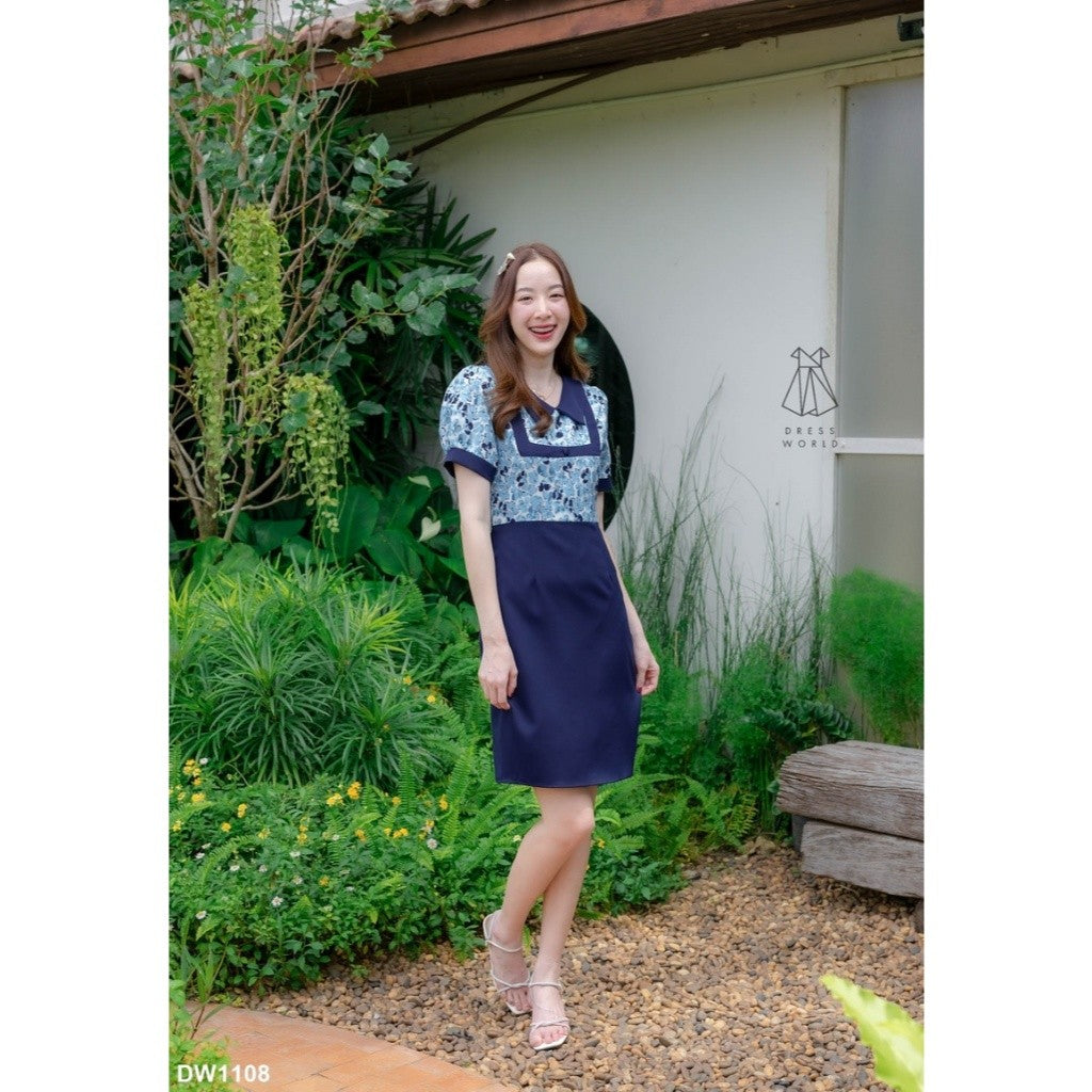 ชุดเดรสน่ารักๆ เดรสสั้น ชุดเดรสทำงาน สีชมพู กรมท่า ม่วง กระโปรงสั้น สีพื้น คอปก ลายดอก ไซส์ S M L XL Woman Dress
