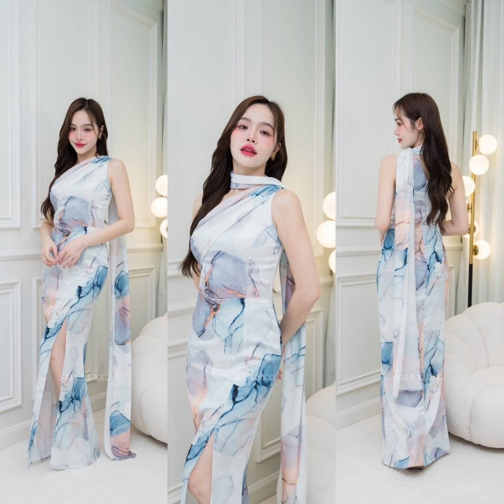 เดรส ชุดเดรส เดรสยาว ชุดราตรี เดรสงานแต่ง NX278 ผ้าเครปซาติน พิมพ์ลาย ไหล่เบี่ยง สไบใหญ่ งานแต่งงาน Woman Dress Dresses