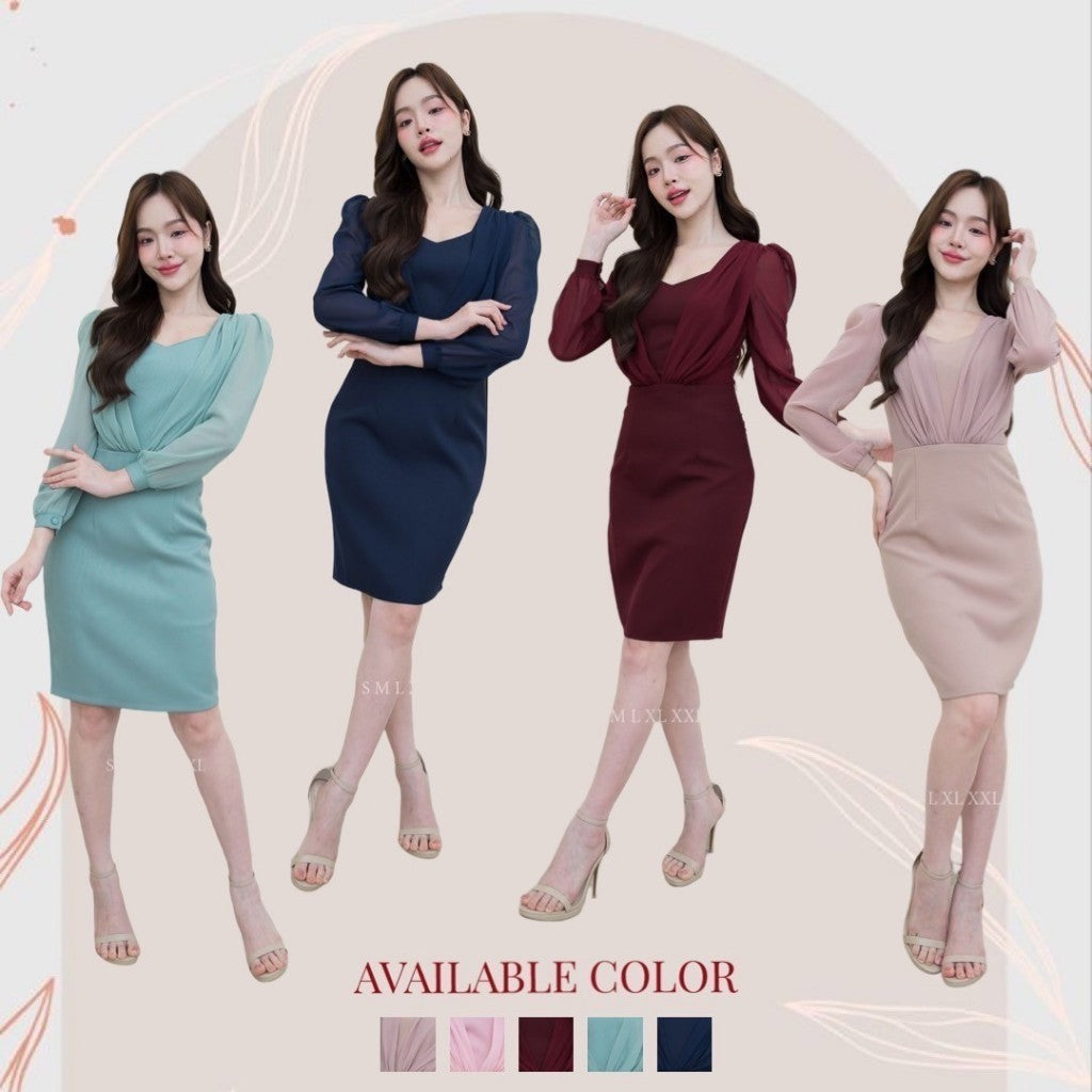 ชุดราตรี ชุดออกงาน NX281 ชุดไปงานแต่ง ผ้ามอสเครป แขนยาวชีฟอง อกชีฟอง งานแต่งงาน Woman Dress Dresses