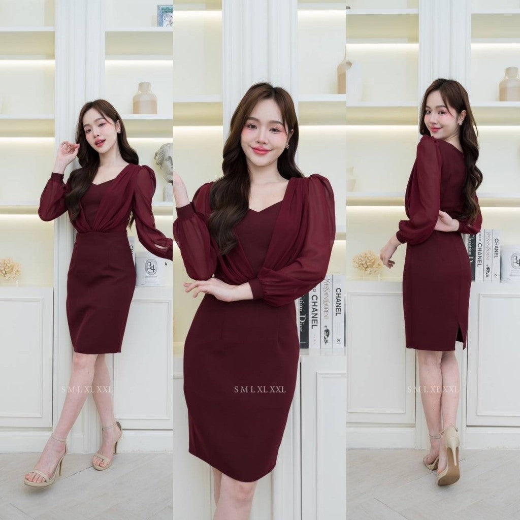 ชุดราตรี ชุดออกงาน NX281 ชุดไปงานแต่ง ผ้ามอสเครป แขนยาวชีฟอง อกชีฟอง งานแต่งงาน Woman Dress Dresses