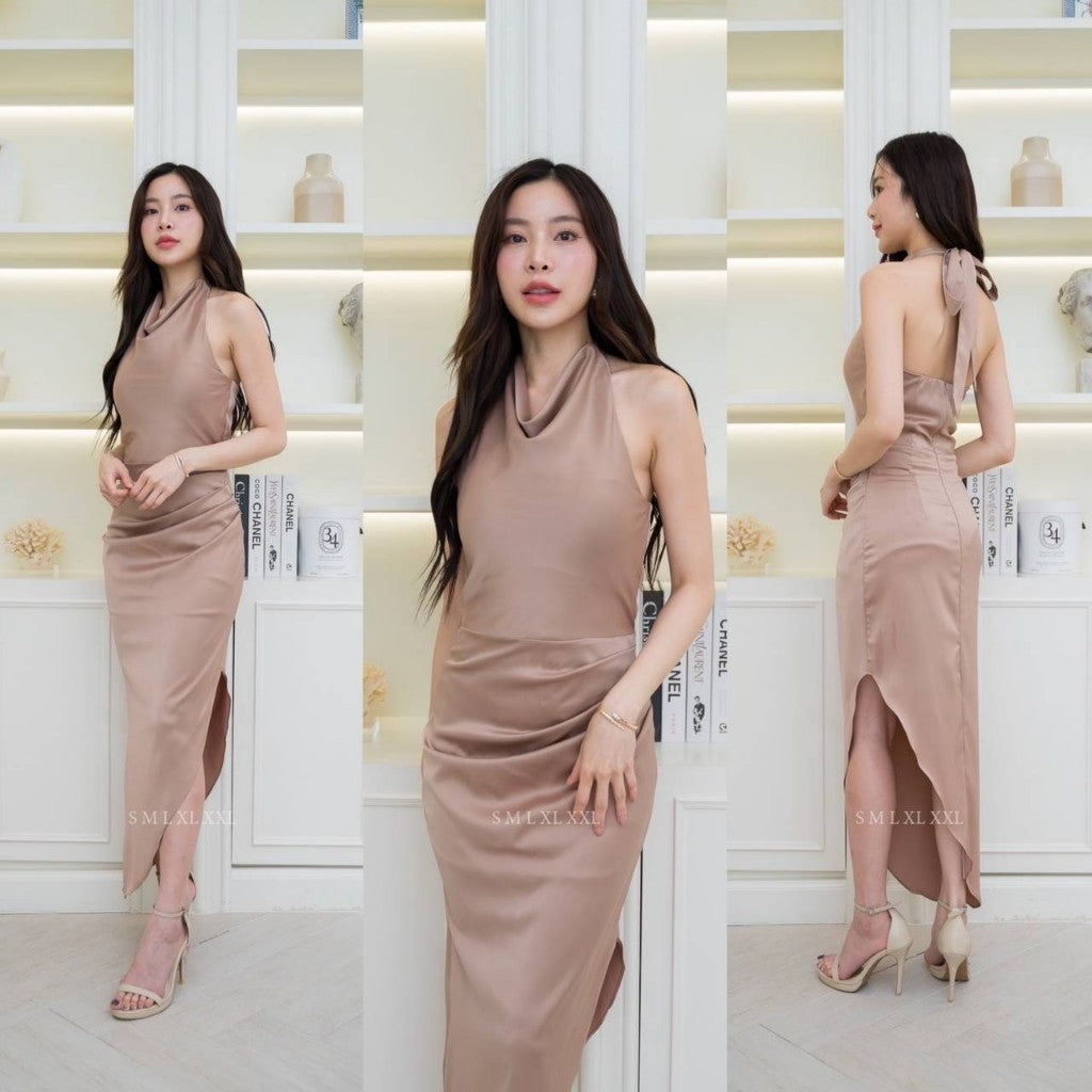 ชุดราตรี ชุดออกงาน เดรสยาว NX287 ชุดไปงานแต่ง เครปซาติน ผูกคอหลัง งานแต่งงาน Woman Dress Dresses