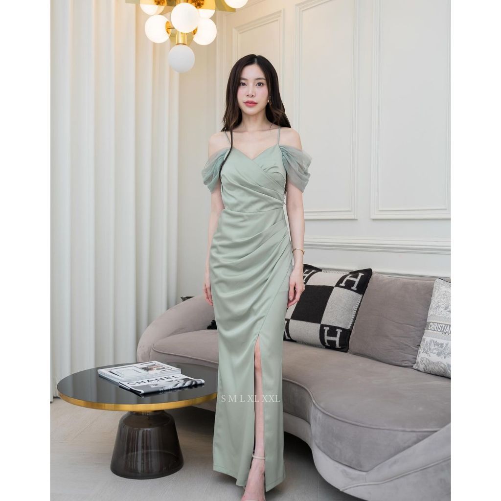 ชุดไปงานแต่ง เรียบหรู ดูแพง ชุดออกงาน ชุดราตรี เดรสยาว N099 แขนชีฟอง พร้อมส่ง S M L XL XXL งานแต่งงาน ชุดเดรส ผู้หญิง