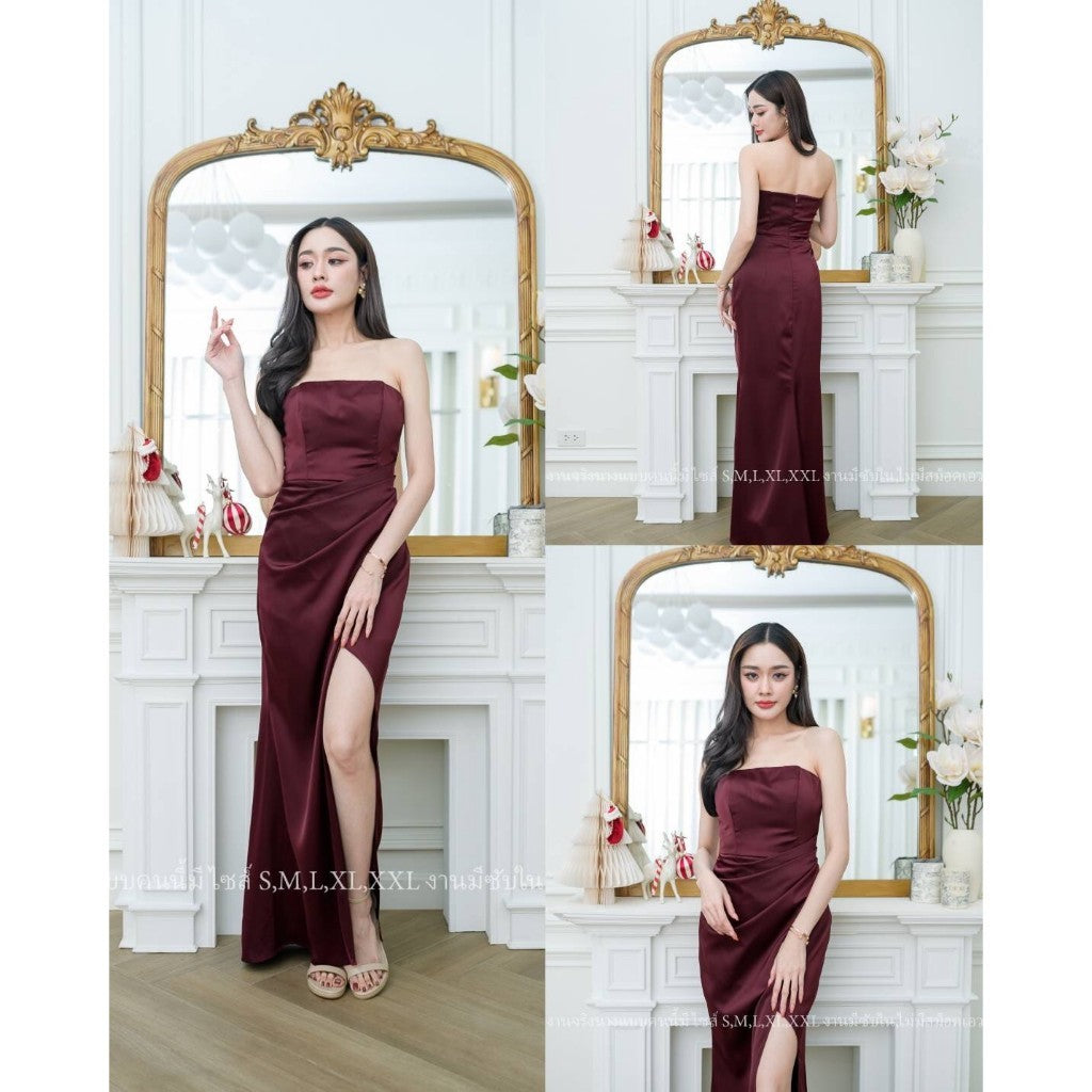 ชุดราตรี เดรสยาว เปิดไหล่ NP028 ผ้าเครปซาติน ขายดี ไซส์ S M L XL 2XL ชุดเดรสออกงาน ชุดเดรส สวยๆ งานแต่งงาน Dress Woman