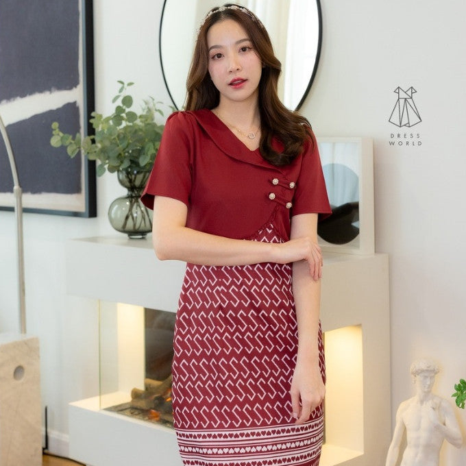 ชุดเดรสผ้าไทย ลายขอ เดรสสั้น สีชมพู ฟ้า แดง เขียว ขาว เดรสลายไทย เสื้อกั๊ก กระดุมมุก ไซส์ S M L XL 2XL Woman Dress