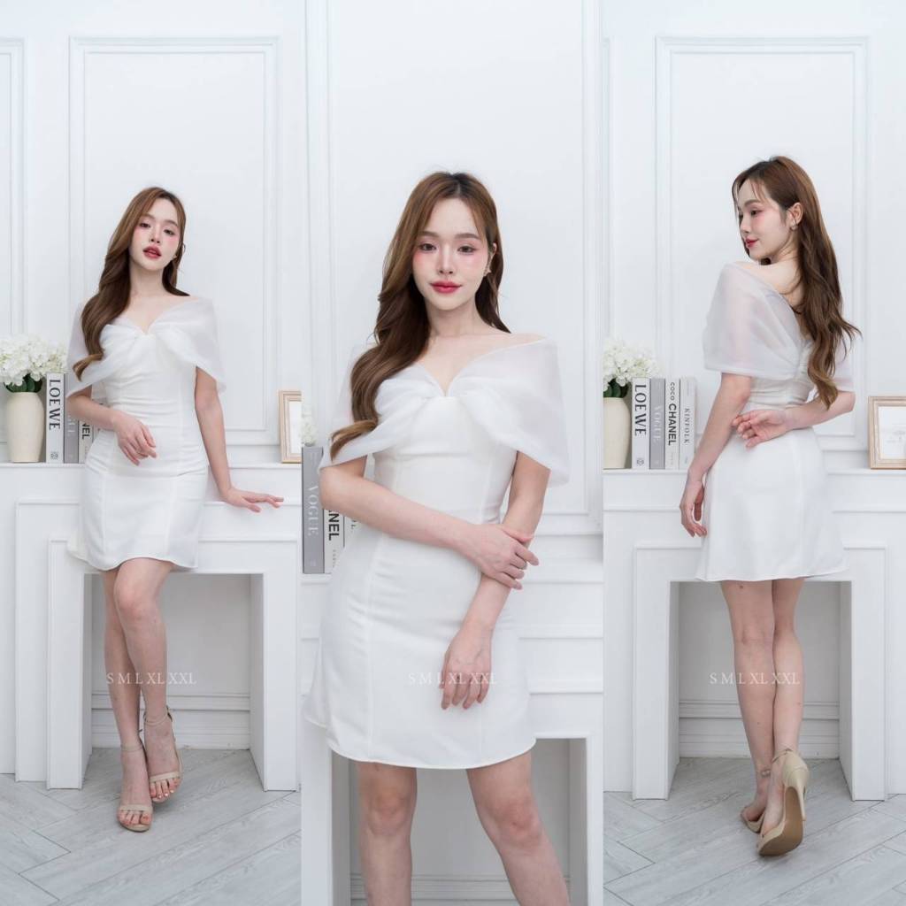ชุดไปงานแต่ง เรียบหรู ดูแพง ชุดออกงาน NX275 เกาะอก แต่งออแกนดี้ อ้อมแขน มีฟองน้ำ งานแต่งงาน ชุดราตรี Woman Dress Dresses