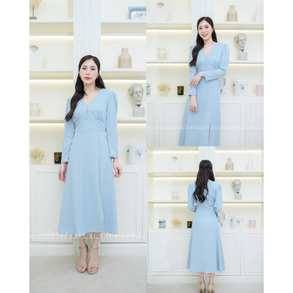 ชุดไปงานแต่ง NP029 ชุดเดรสแขนยาว ผ้าทวิลคอวี ไซส์ S M L XL 2XL ชุดเดรสไปงานแต่ง เดรสยาว งานแต่งงาน Dress Woman
