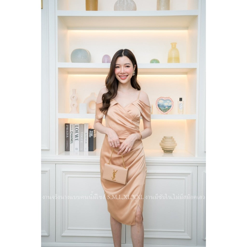 เดรสสั้น ชุดออกงาน ชุดราตรี สั้น NP010 ชุดเดรส สายเดี่ยว เดรส คล้องแขน ผ้าเครปซาติน Dress Woman