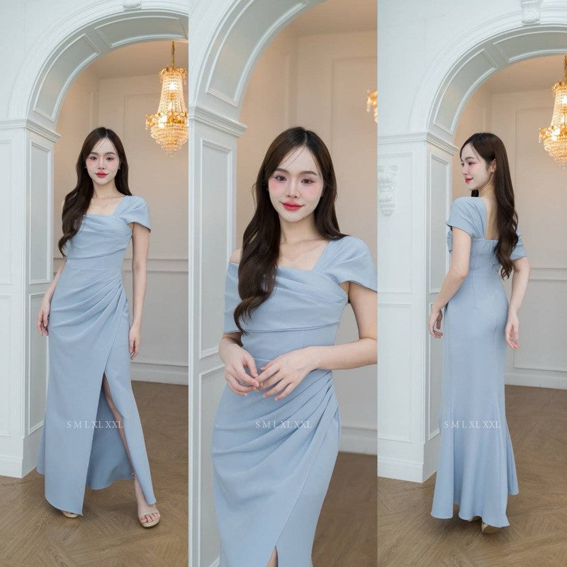 เดรสยาว ชุดเดรส ชุดราตรี ชุดออกงาน NX273 เกาะอก ระบาย ปาดไหล่2ข้าง งานแต่งงาน ชุดราตรี Woman Dress