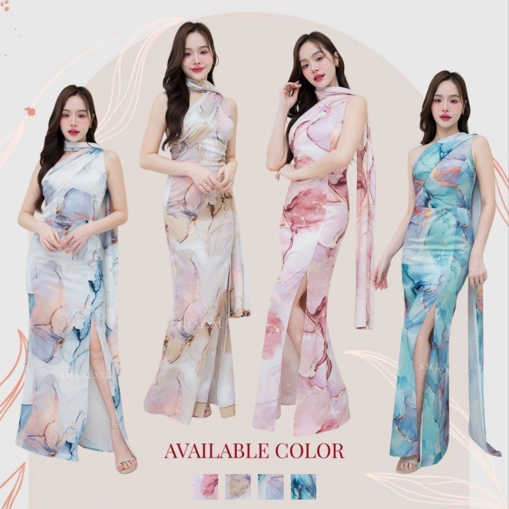 เดรส ชุดเดรส เดรสยาว ชุดราตรี เดรสงานแต่ง NX278 ผ้าเครปซาติน พิมพ์ลาย ไหล่เบี่ยง สไบใหญ่ งานแต่งงาน Woman Dress Dresses