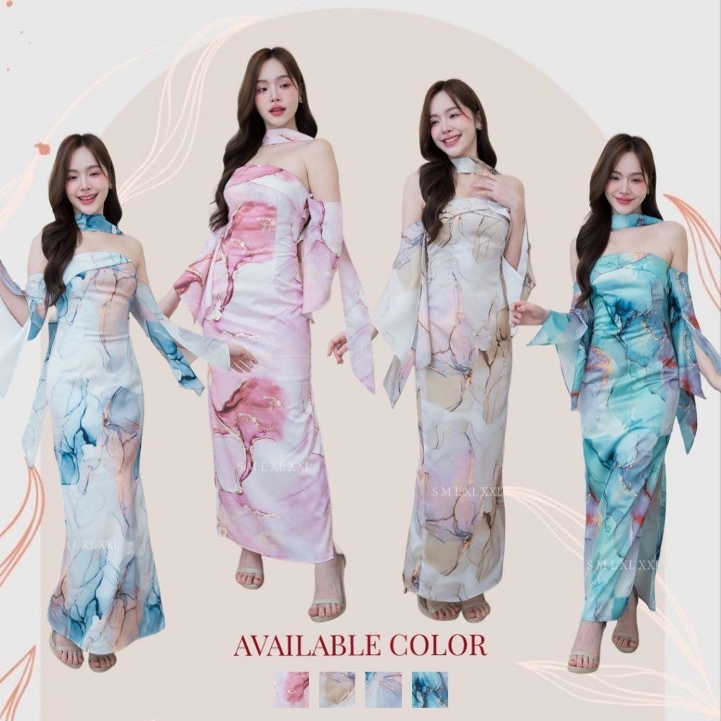 ชุดราตรี ชุดออกงาน NX279 เดรสยาว ผ้าเครปซาติน พิมพ์ลาย เกาะอกยาว แขนย้อย งานแต่งงาน Woman Dress Dresses