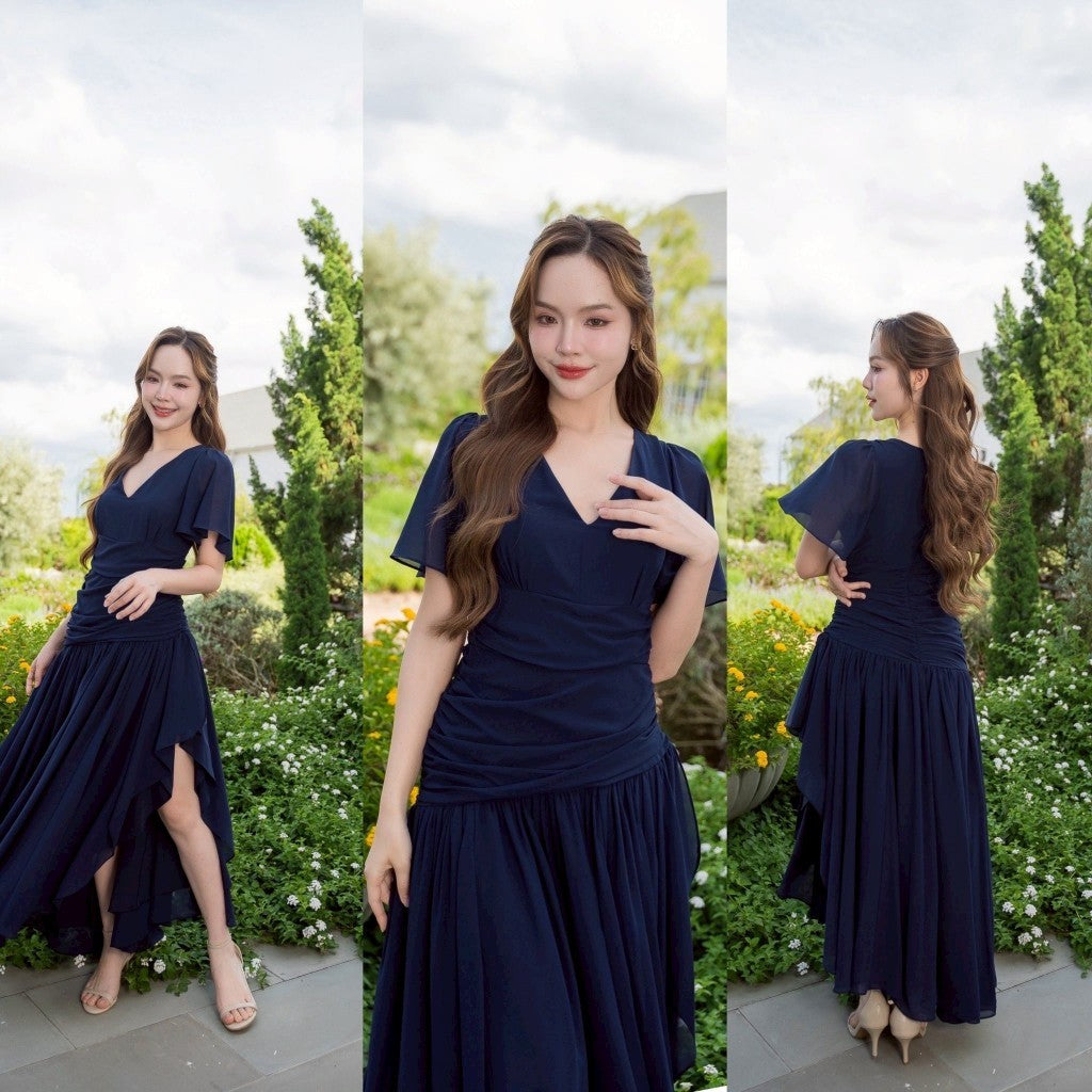 เดรสยาว ชุดราตรี ชุดตรีม ธีมกรมท่า ชุดราตรี สีกรมท่า เดรส เรียบหรู เดรสงานแต่ง พร้อมส่ง Dress Woman