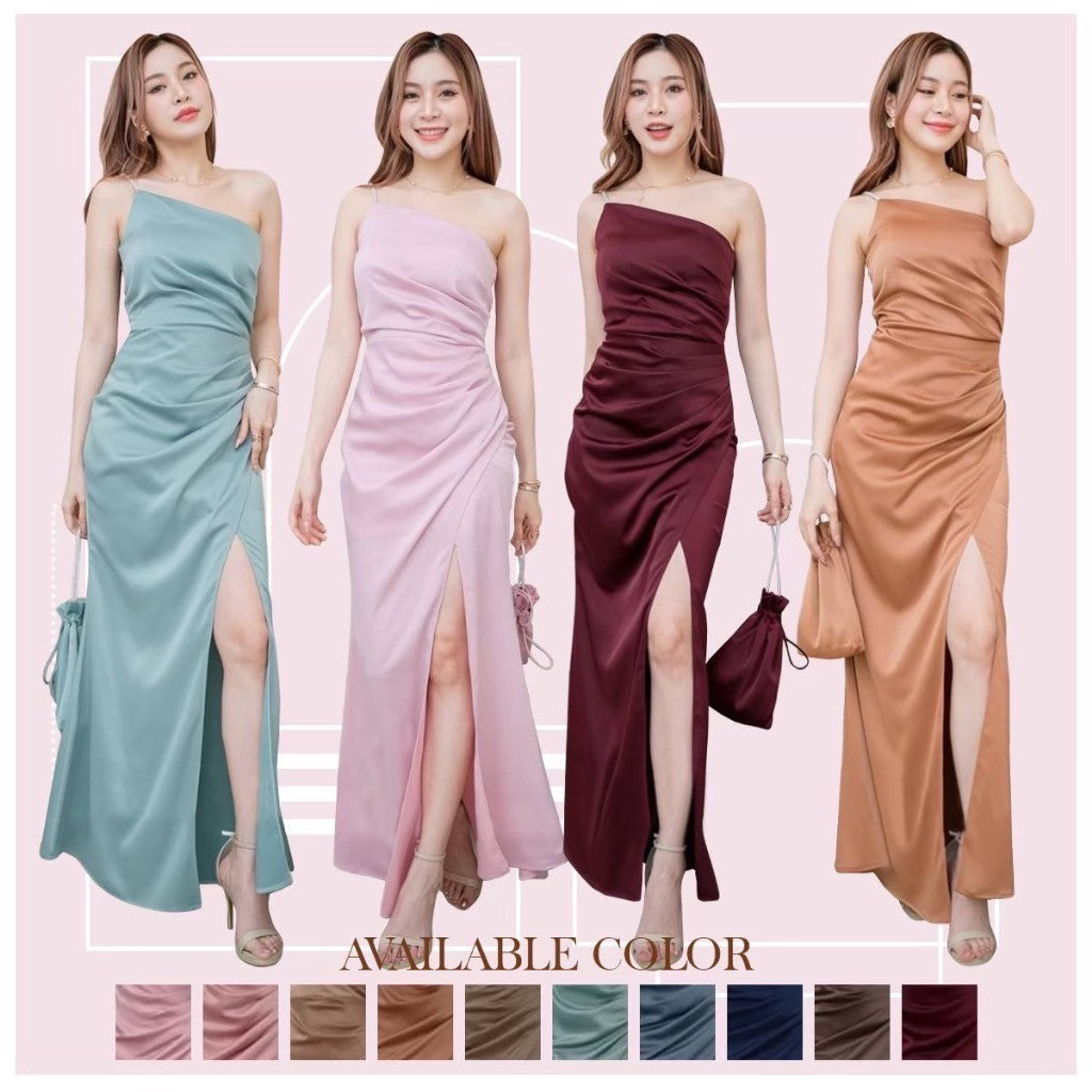 เดรสยาว ชุดออกงาน เครปซาติน ปาดไหล่ สายเดี่ยว สายเพชร NP030 พร้อมส่ง ใส่ไปงานแต่ง ชุดราตรีสวยหรู