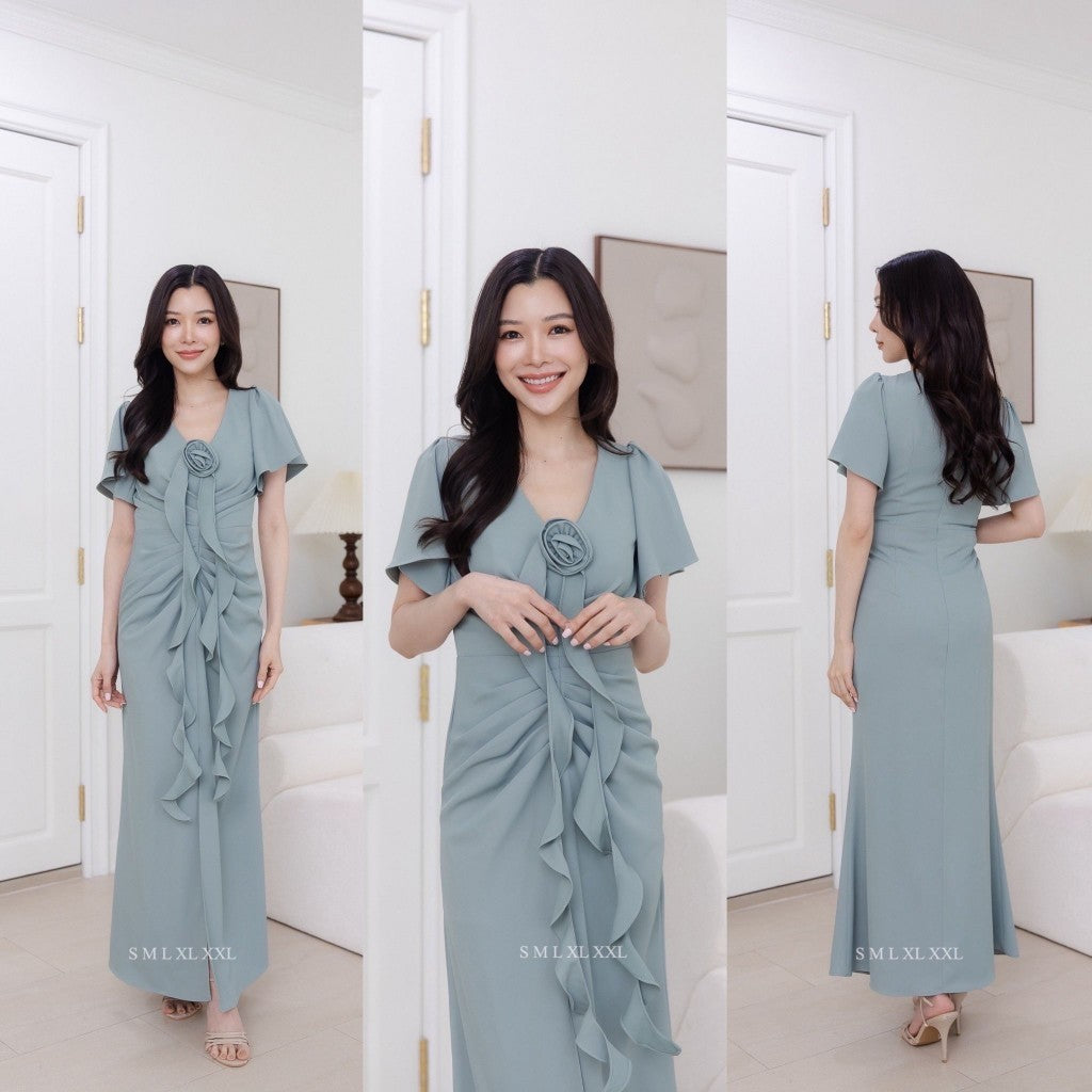 เดรสยาว ชุดออกงาน ชุดตรีม ธีมเขียว ชุดราตรี สีเขียวมิ้นท์อมฟ้า เดรสงานแต่ง พร้อมส่ง Dress Woman