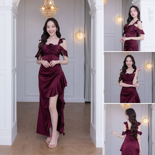 เดรสยาว ชุดราตรี ชุดตรีม ธีมแดงเลือดหมู ชุดราตรีสีแดง เรียบหรู เดรสงานแต่ง ชุดไปงานแต่ง Dress Woman