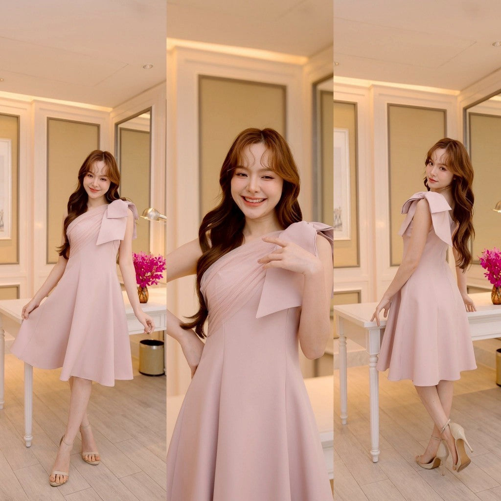 เดรสสั้น ชุดออกงาน เดรสออกงาน ชุดราตรี NP063 เดรส กระโปรงสั้น ไหล่เบี่ยง มีโบว์ Woman Dress ผู้หญิง