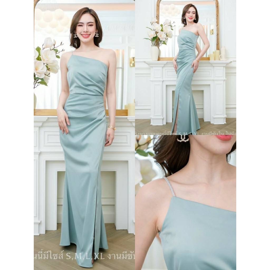 เดรสยาว ชุดออกงาน เครปซาติน ปาดไหล่ สายเดี่ยว สายเพชร NP030 พร้อมส่ง ใส่ไปงานแต่ง ชุดราตรีสวยหรู