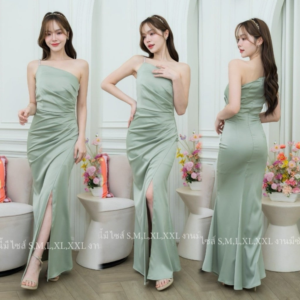 เดรสยาว ชุดออกงาน เครปซาติน ปาดไหล่ สายเดี่ยว สายเพชร NP030 พร้อมส่ง ใส่ไปงานแต่ง ชุดราตรีสวยหรู