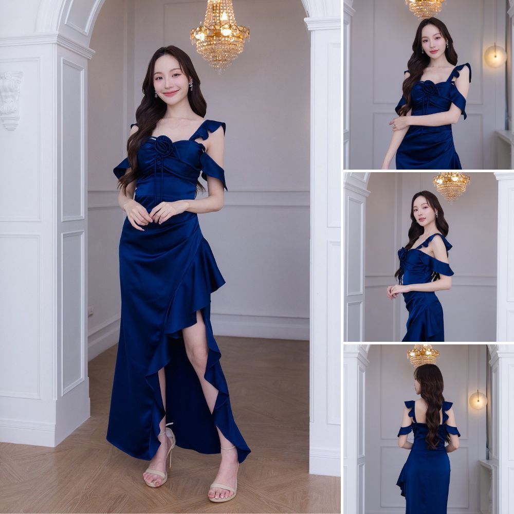 เดรสยาว ชุดราตรี ชุดตรีม ธีมกรมท่า ชุดราตรี สีกรมท่า เดรส เรียบหรู เดรสงานแต่ง พร้อมส่ง Dress Woman