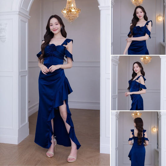 เดรสยาว ชุดราตรี ชุดตรีม ธีมกรมท่า ชุดราตรี สีกรมท่า เดรส เรียบหรู เดรสงานแต่ง พร้อมส่ง Dress Woman