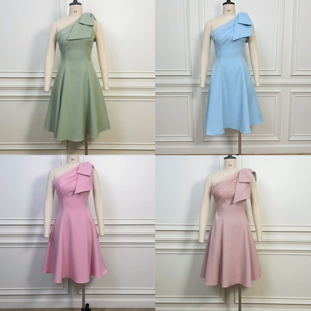 เดรสสั้น ชุดออกงาน เดรสออกงาน ชุดราตรี NP063 เดรส กระโปรงสั้น ไหล่เบี่ยง มีโบว์ Woman Dress ผู้หญิง