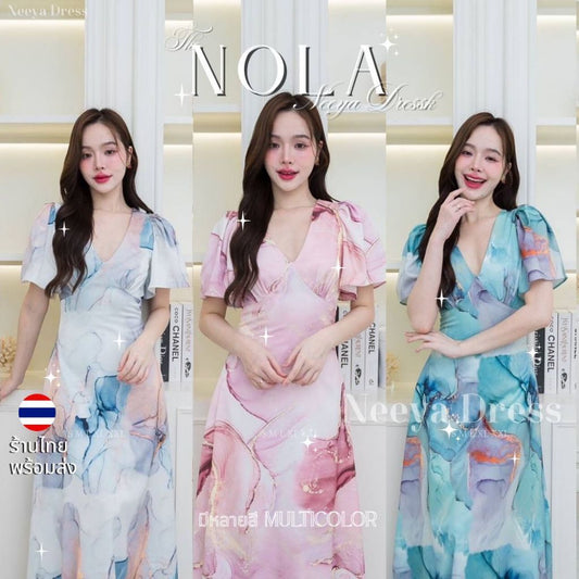 เดรสยาว ชุดเดรส ชุดออกงาน ชุดราตรี NX276 คอวี พิมพ์ลาย กระโปรงบาน ผ้าพิมพ์ลาย ผู้หญิง Dress Dresses