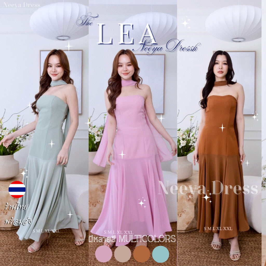 เดรสยาว ชุดราตรี เดรสออกงาน หรู LEA เกาะอก ปาดไหล่ ชายกระโปรงชีฟอง ผ้าพาดคอ พร้อมส่ง Dress ผู้หญิง