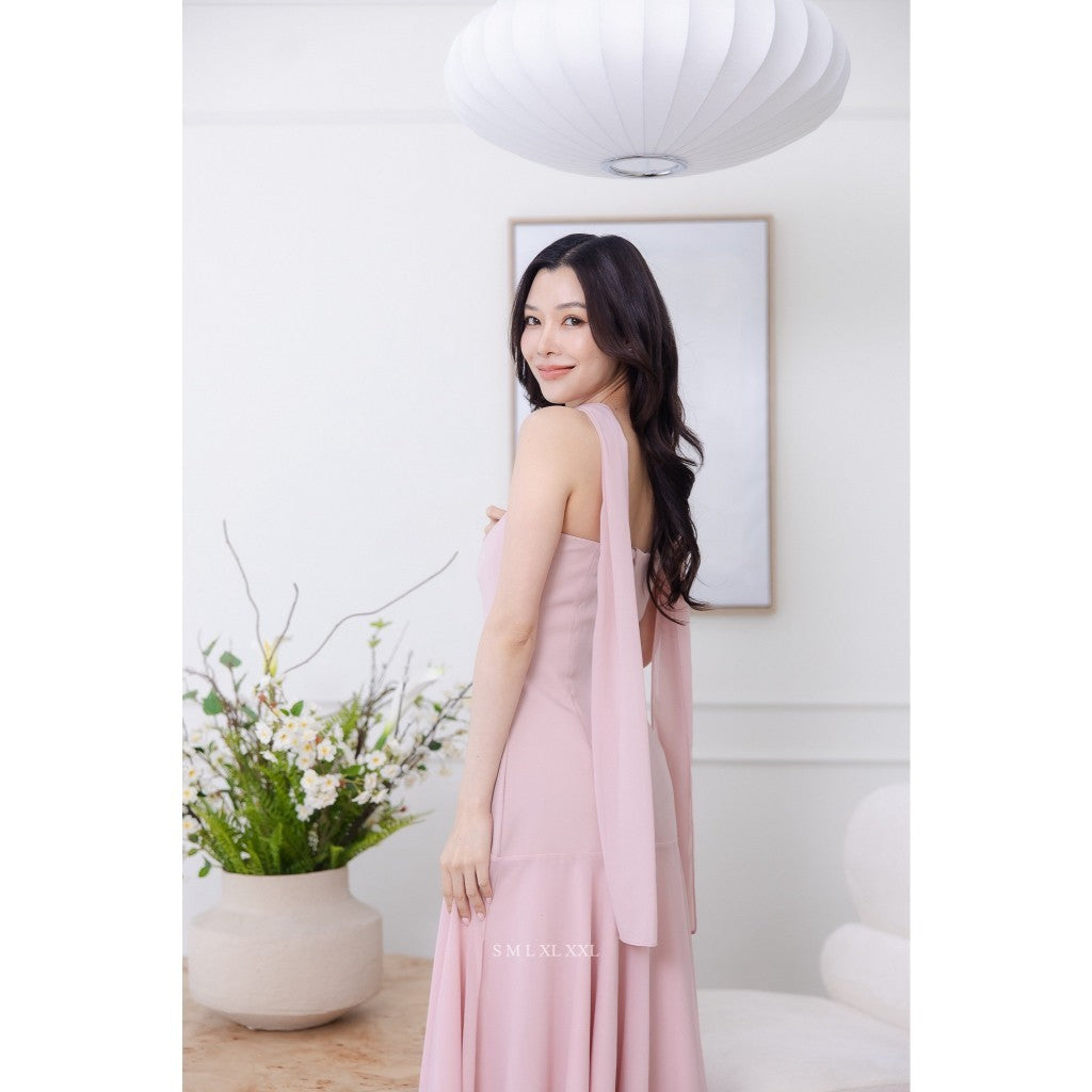 เดรสยาว ชุดราตรี เดรสออกงาน หรู LEA เกาะอก ปาดไหล่ ชายกระโปรงชีฟอง ผ้าพาดคอ พร้อมส่ง Dress ผู้หญิง