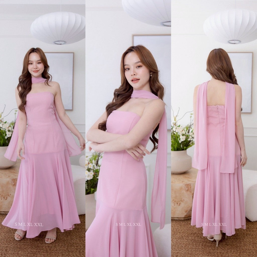 เดรสยาว ชุดราตรี เดรสออกงาน หรู LEA เกาะอก ปาดไหล่ ชายกระโปรงชีฟอง ผ้าพาดคอ พร้อมส่ง Dress ผู้หญิง