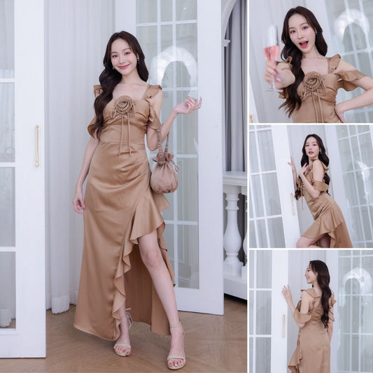 เดรสยาว ชุดราตรี ชุดตรีม ธีมโอวัลติน ชุดราตรี สีเอิร์ธโทน เรียบหรู เดรสงานแต่ง พร้อมส่ง Dress Woman