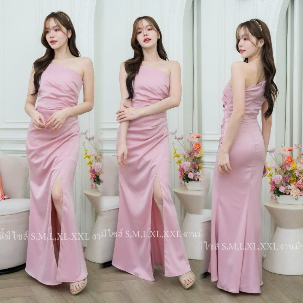 เดรสยาว ชุดออกงาน เครปซาติน ปาดไหล่ สายเดี่ยว สายเพชร NP030 พร้อมส่ง ใส่ไปงานแต่ง ชุดราตรีสวยหรู