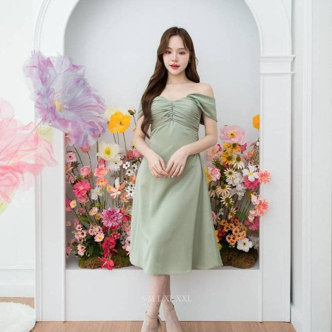 ชุดไปงานแต่ง เรียบหรู ดูแพง ชุดราตรี N001 ผ้าเครปซาติน ใส่ได้ 2 แบบ คลุมไหล่ เปิดไหล่ Woman Dress ซาติน เสื้อผ้า ผู้หญิง