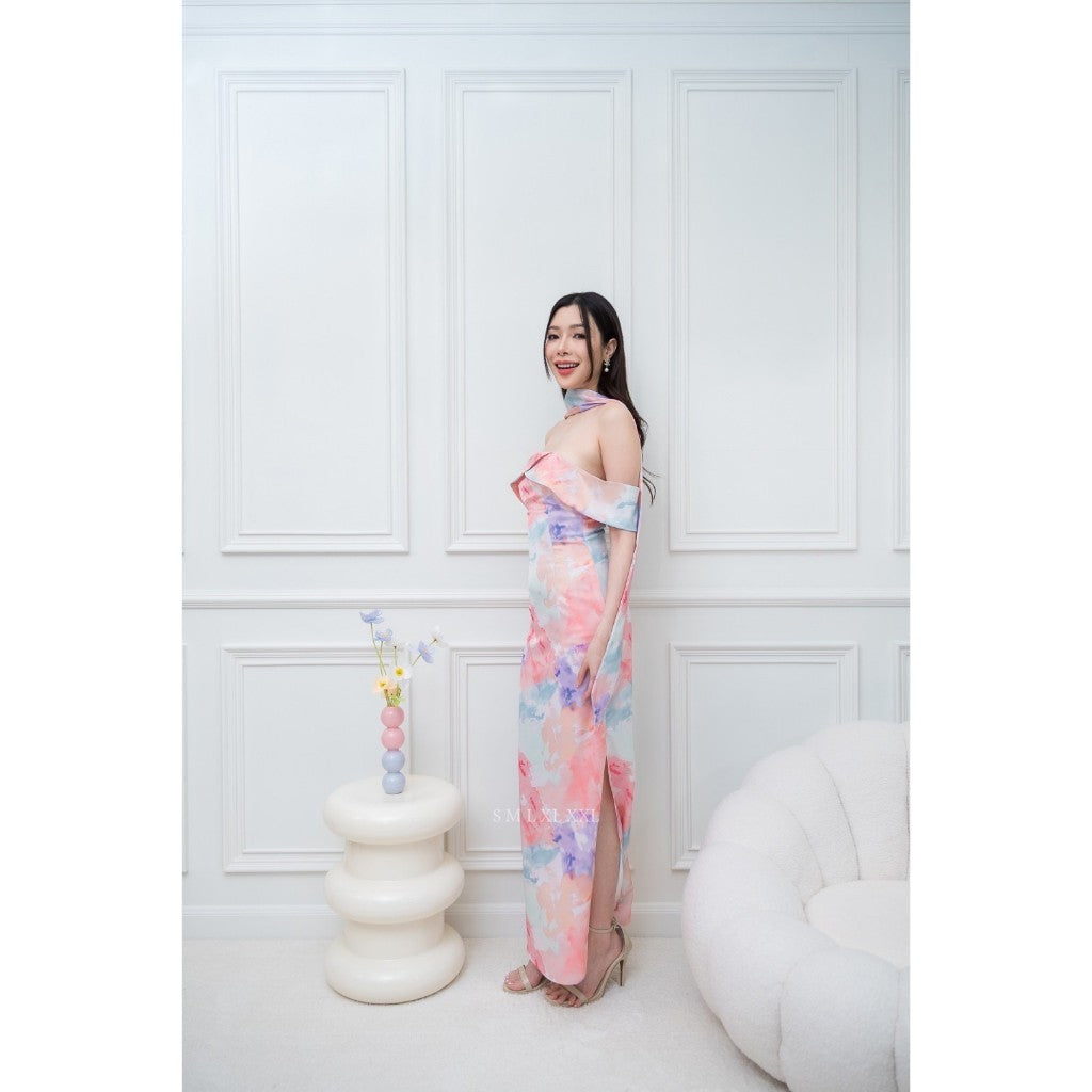เดรสยาว ชุดราตรี Dress ออกงาน ชุดเดรส N297 ผ้าเครปซาตินพิมลาย เกาะอกอ้อมแขน ซับใน ซิปหลัง ผู้หญิง