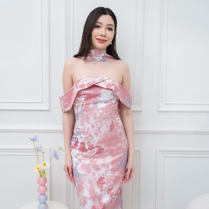 เดรสยาว ชุดราตรี Dress ออกงาน ชุดเดรส N297 ผ้าเครปซาตินพิมลาย เกาะอกอ้อมแขน ซับใน ซิปหลัง ผู้หญิง