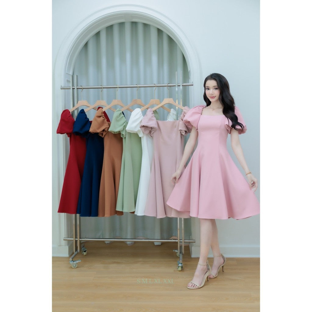 ชุดเดรส ชุดไปงานบวช เดรส Dress ออกงาน N002 แขนพอง สะโพกฟรี กระโปรงบาน แขนพอง เรียบร้อย ชุดคุณหนู