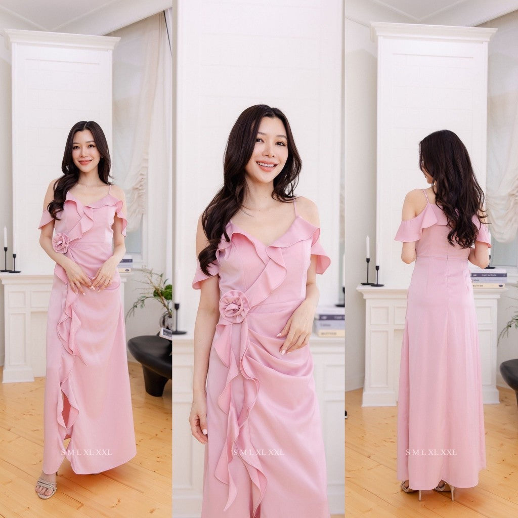 เดรสยาว ชุดเดรส ชุดราตรียาว ชุดออกงาน NP059 สายเดี่ยว เปิดไหล่ มีระบาย ดอกไม้ ชุดราตรี Woman Dress