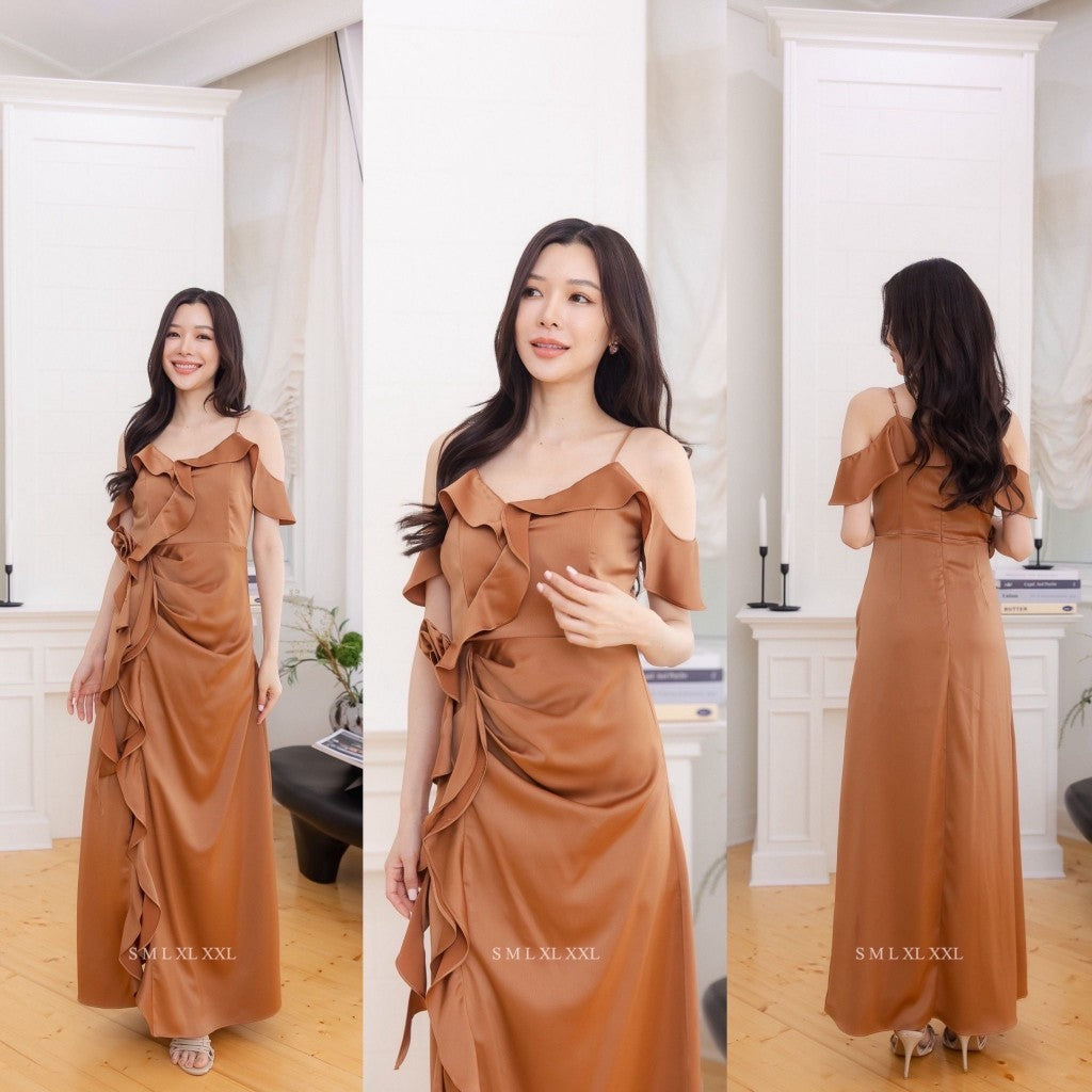 เดรสยาว ชุดเดรส ชุดราตรียาว ชุดออกงาน NP059 สายเดี่ยว เปิดไหล่ มีระบาย ดอกไม้ ชุดราตรี Woman Dress