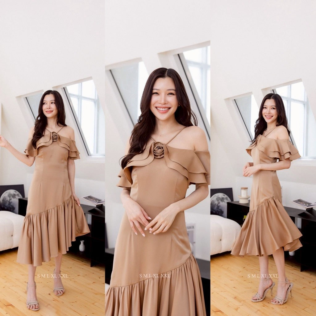 เดรสยาว ชุดออกงาน ชุดราตรียาว NYRA พรีเมี่ยม สายเดี่ยว ระบายอก ปิดแขน ซับใน ซิปหลัง ผู้หญิง Dress